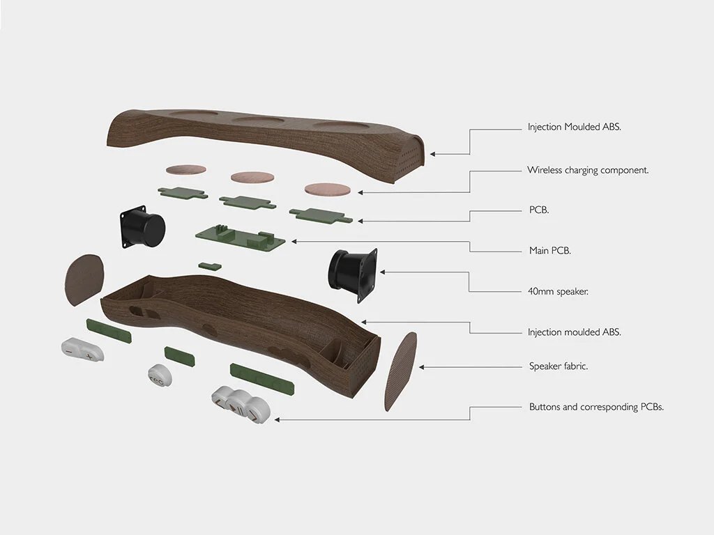 An exploded view of the log base – technical internal components and materials displayed.