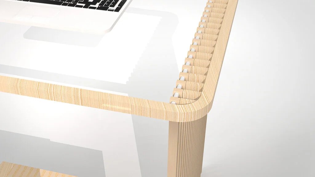 The wooden slats have square faces to stop them from moving when pulling down the desk frame.