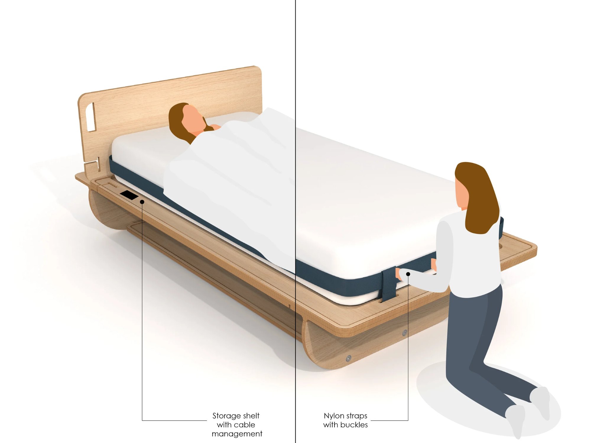 After a restful sleep, start your day by disconnecting your electronic devices from the innovative storage shelf, make your bed, and secure your mattress with the buckles and nylon straps