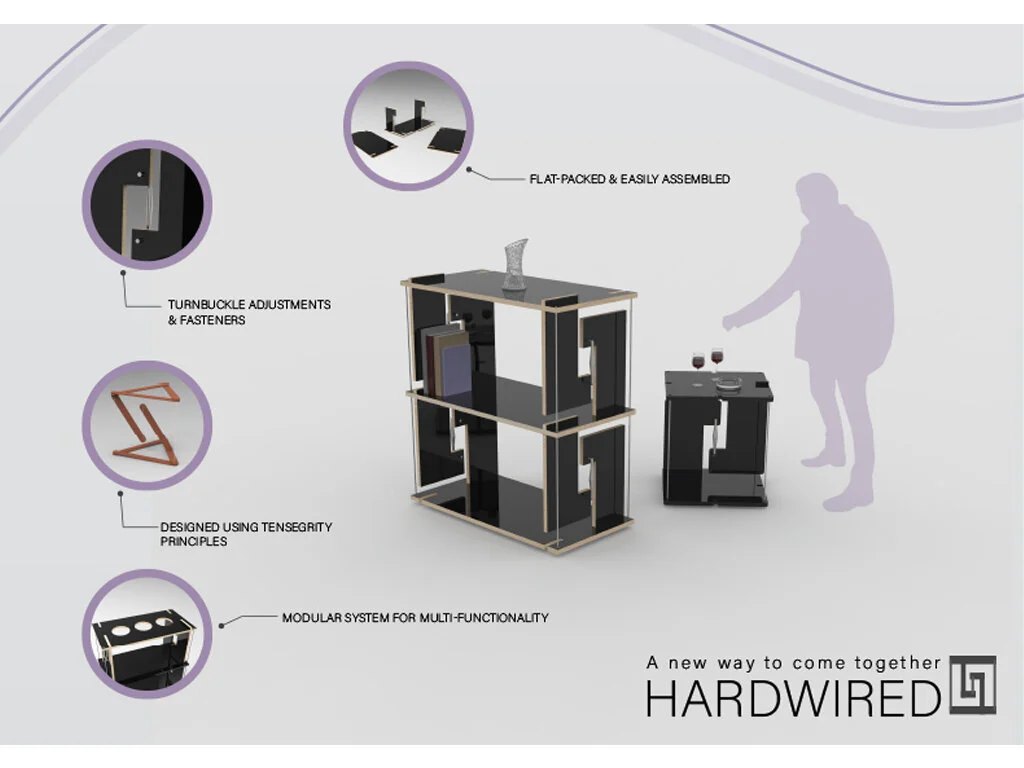 The secondary presentation board conveying the features of the tensegrity side table and shelving