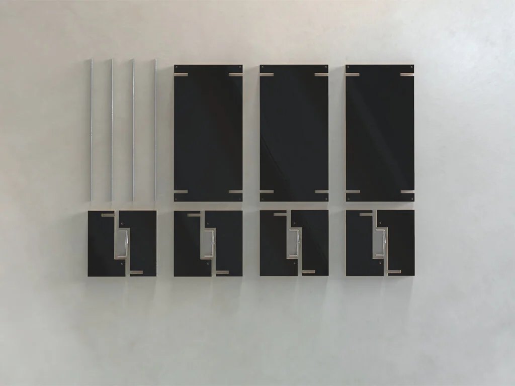 A rendering displaying the uniform components that are assembled to create the shelving model