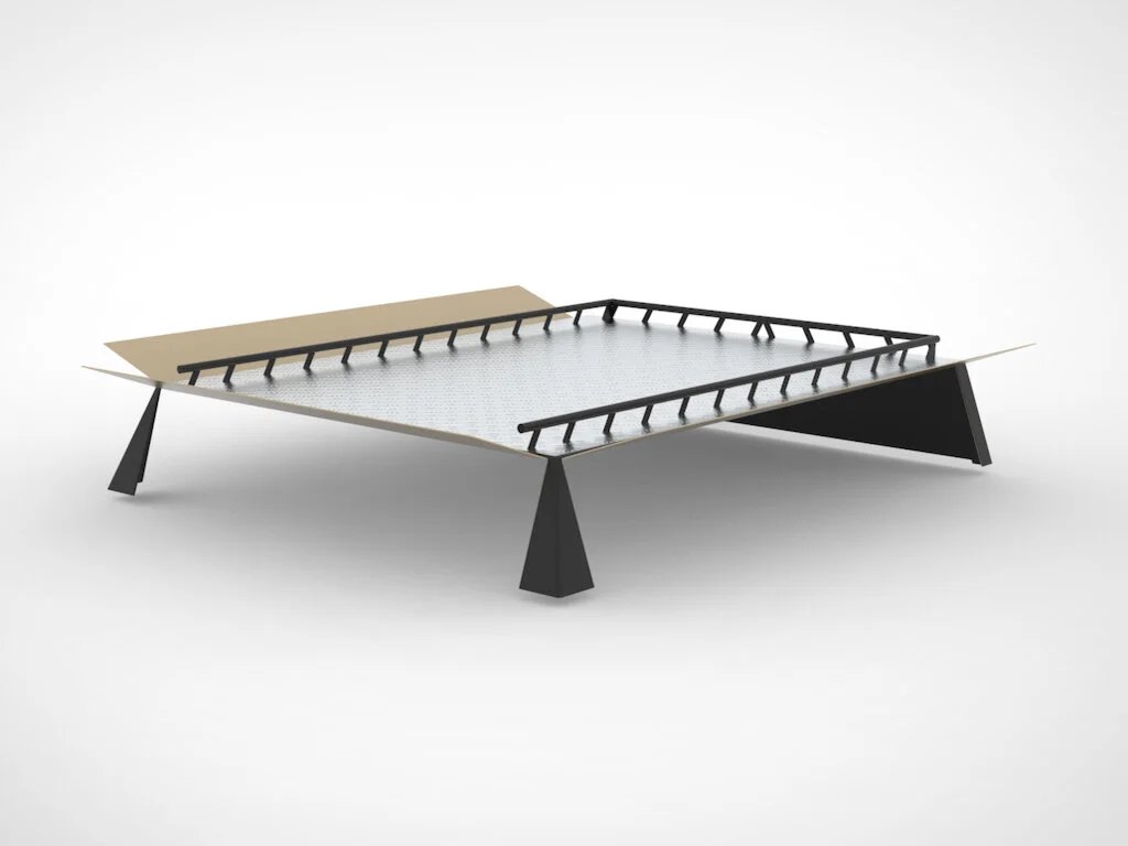 CAD rendering, changes from prototype: narrower rail placement, aluminium construction