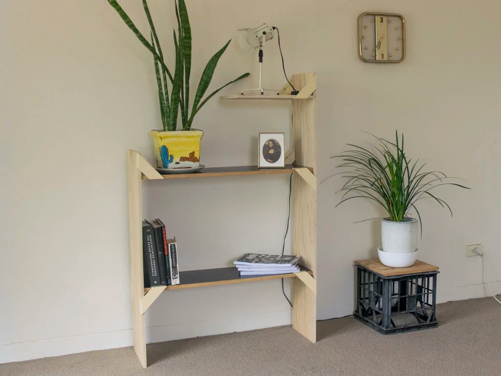Shelving created using FurNature connectors along with recycled melamine and plywood