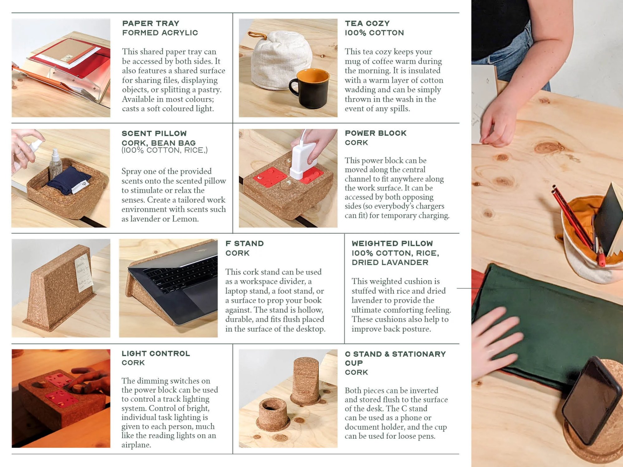 The collection of products ranges broadly in form and material; from soft upholstery to fixed storage, spongey warm cork to the icy touch of cold metal. It is the deep sensory exploration of a number of different materials that create a coherent design from conception to prototyping, and from marketing to use.