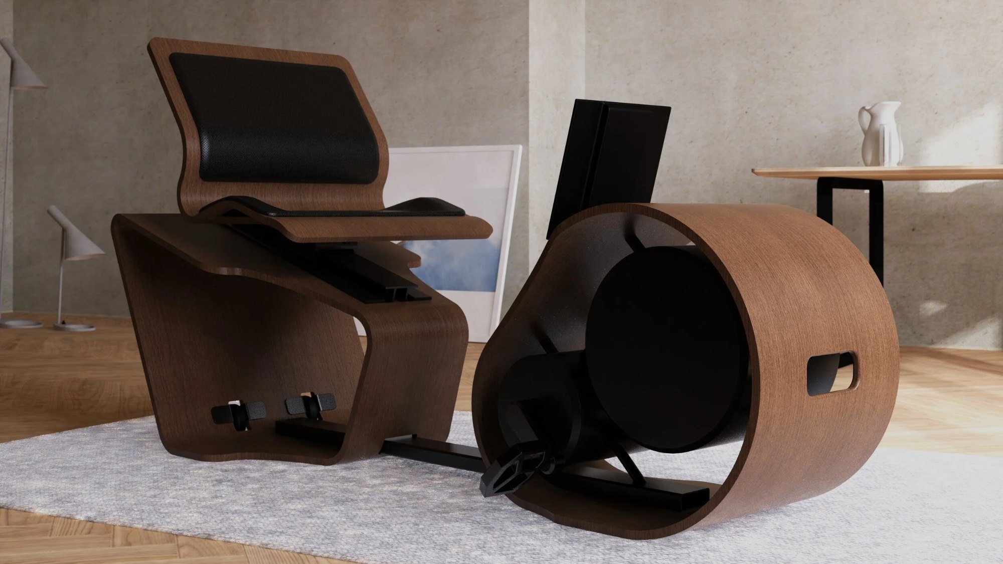 Front details of the Ripple Bike, featuring a carry handle, articulating screen, and adjusting chair