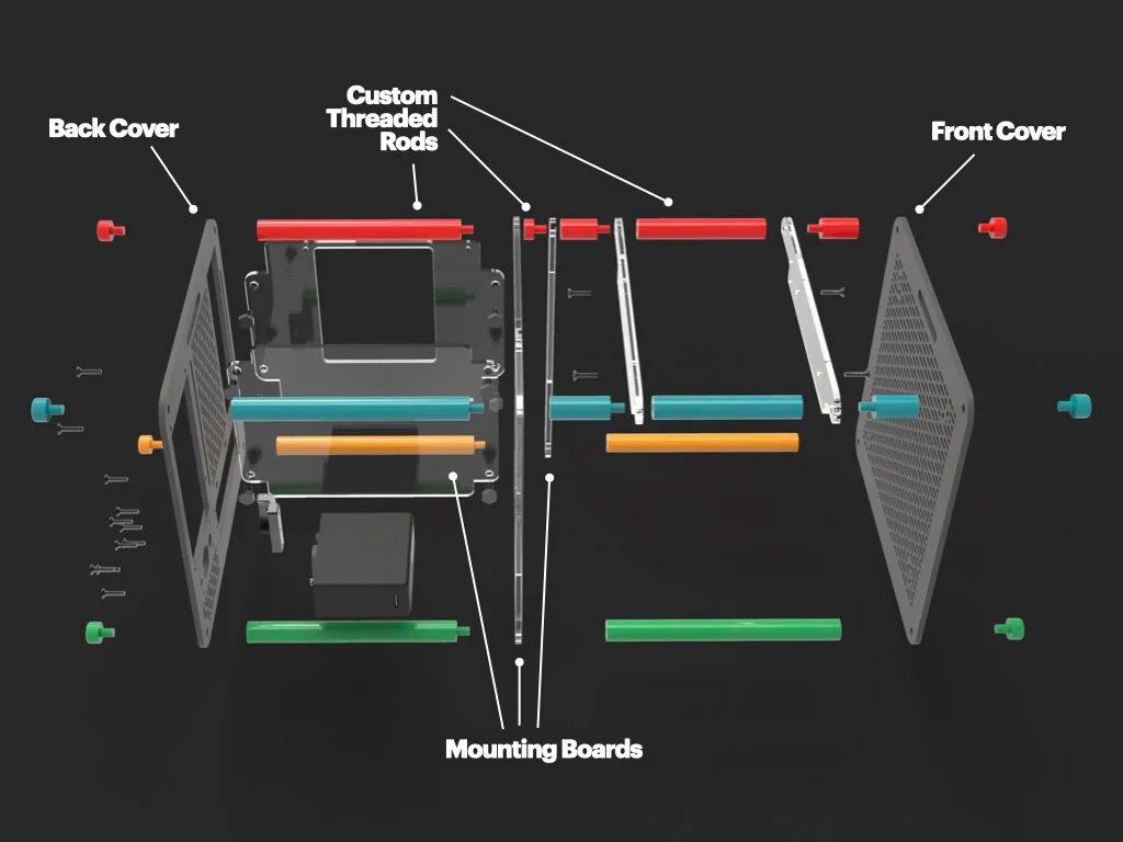 The enclosure is easy to assemble and disassemble by unscrewing the custom threaded rods and simply sliding off the flat mounting boards