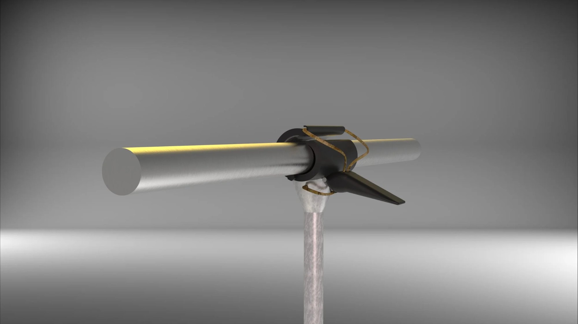 Clamp and railing system. The clamp is inspired by a windsurf boom clamp, known for its strength and durability. It is operated by simply switching the position of the handle; when lowered, the handle will tense the rope, which will close the clamp and keep the table in place on the rail. When lifted, the clamp will open, allowing the table to slide along the pole. The hard plastic clamp is layered with a silicone or rubber layer to grip the rail further.