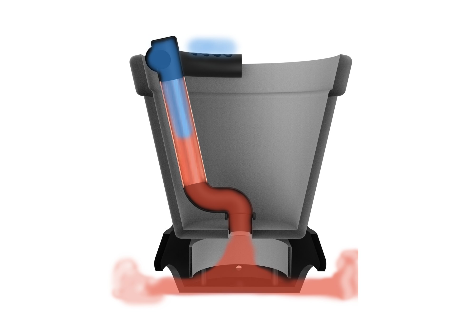 A sectional view of the pot. Hot air is drawn in from the base, becoming cold because of the copper pipe’s interaction with the soil, and then becoming cool.