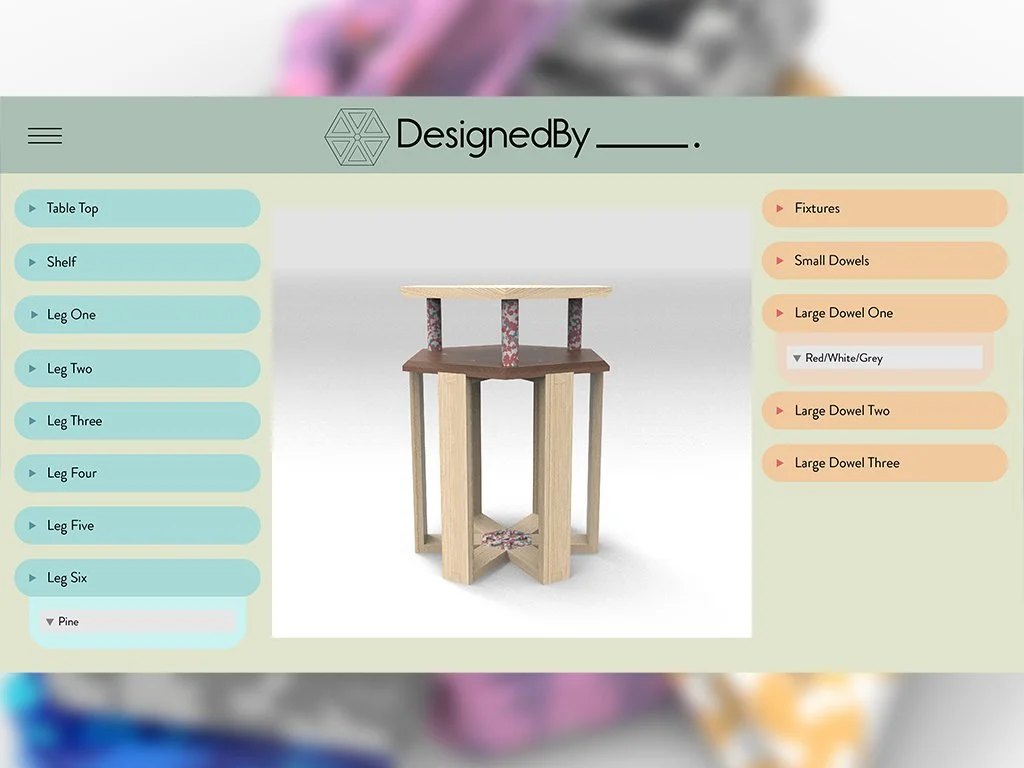The DesignedBy web platform, showing a potential colour combination of the side table.