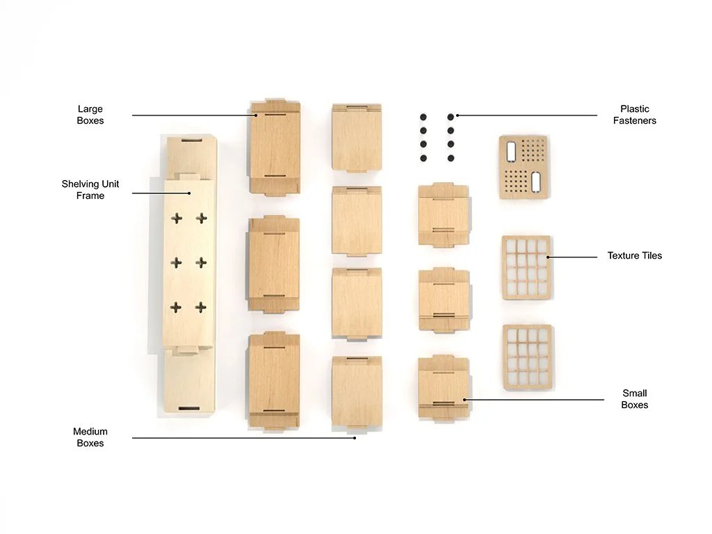 Renders displaying the components that are needed to assemble the shelving unit