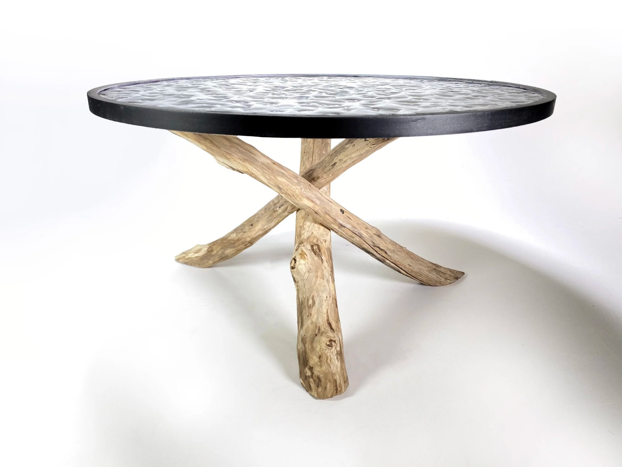 Table prototype with stripped bark base