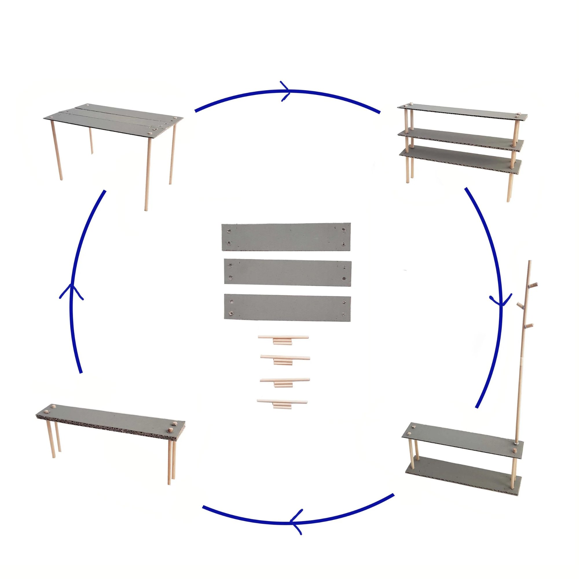 Early form study of table model transforming into a bench, bookshelf and coat stand using the same components pictured in the centre of the image. The user would change the form according to their requirements.