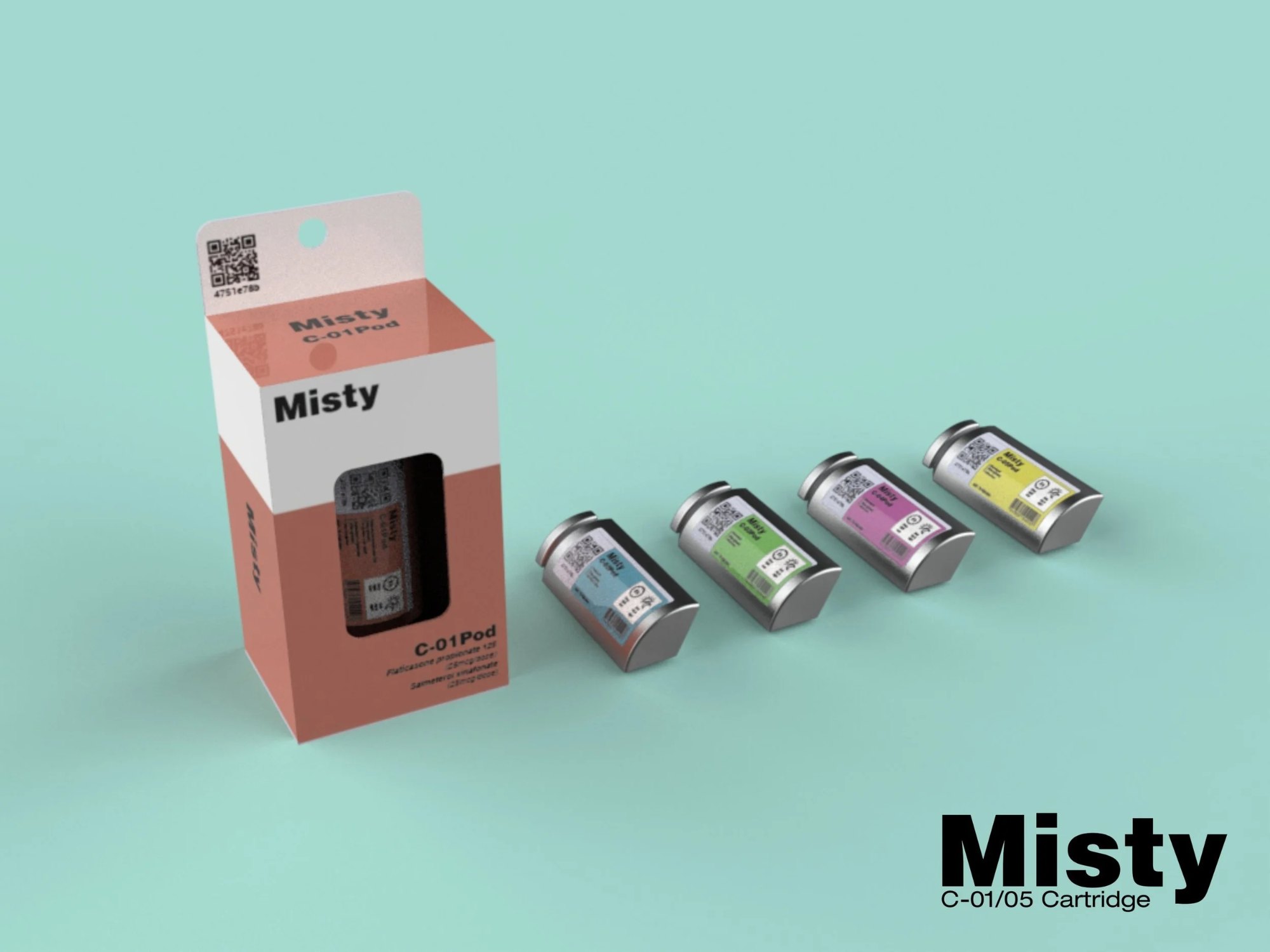 Package and label in the design of Misty nebuliser cartridge