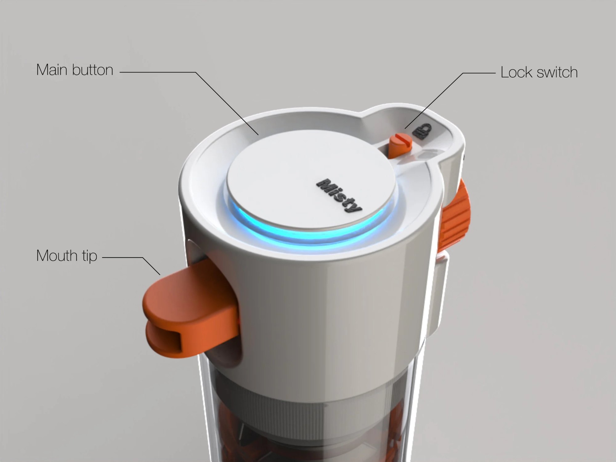 The rotatable mouth tip, main button, and lock switch for the button enhance portability and prevent accidents