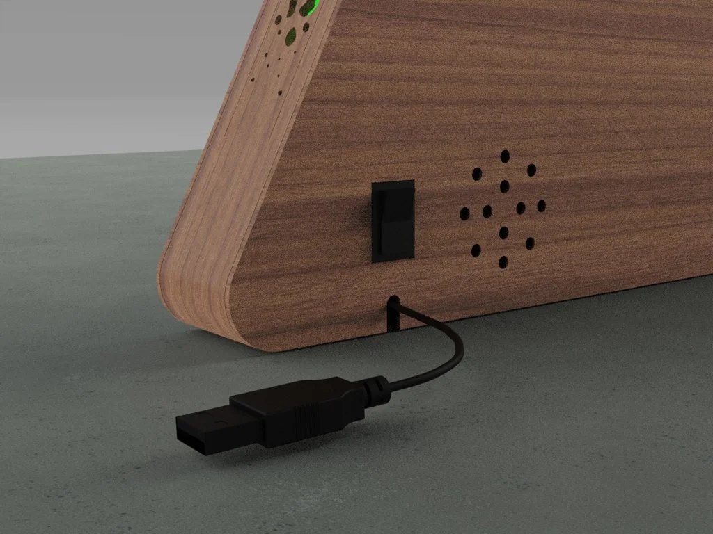 At the back of the product, the user will find an on/off switch, a speaker and a USB cord. The speaker will emit positive reinforcements when the user has completed an activity to encourage a sense of independence and pride, soft tones to help remind children that they need to complete certain activities, and nature sounds for when they are in bed. There is also a USB cord that allows the product to be portable and connected to other power sources such as power banks.