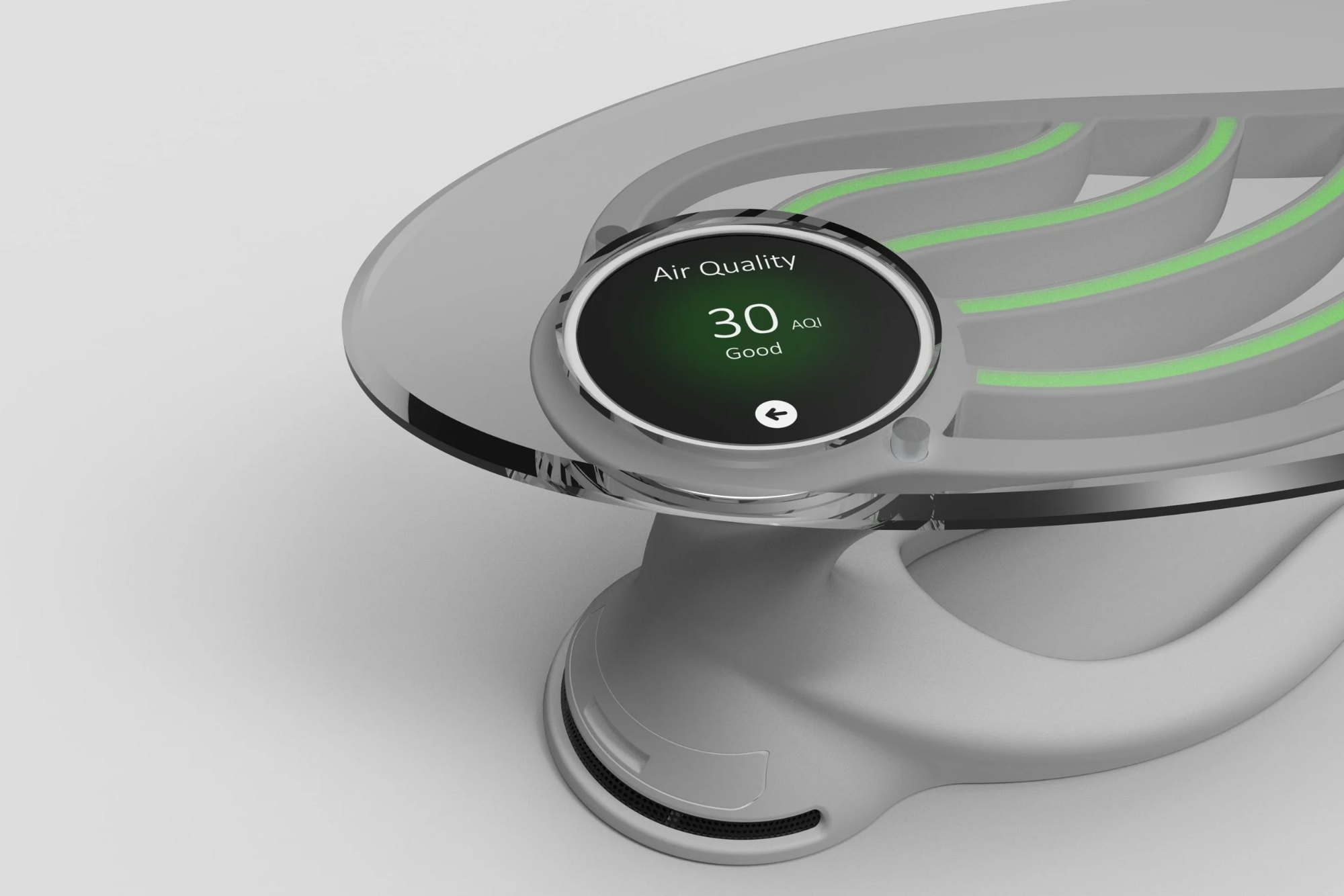 A screen for displaying information and controls of device. Has additional smart home functionality, potentially replacing home digital assistants