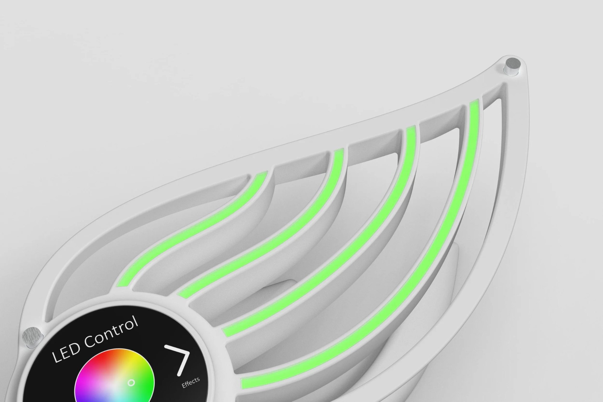 Animated LED light following the flow of the air to show status (cleanliness) of the air through colour (green = good, red = bad)