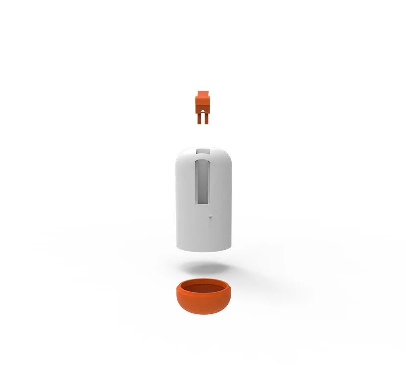 Exploded view of dispenser; each component can be disassembled to wash and reuse