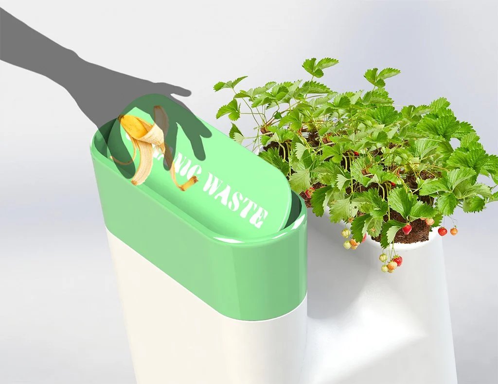 The user discarding their organic waste into the compost bin.