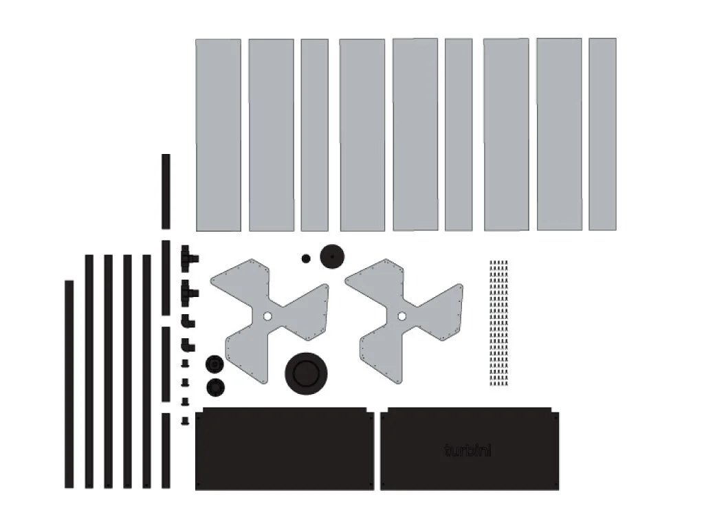 All the parts laid out flat, showing the flatpack capabilities of the turbine.