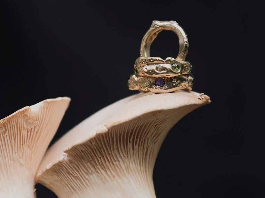 Finished rings photographed in the style reminiscent of the ‘memento mori’ still life paintings of the Renaissance era