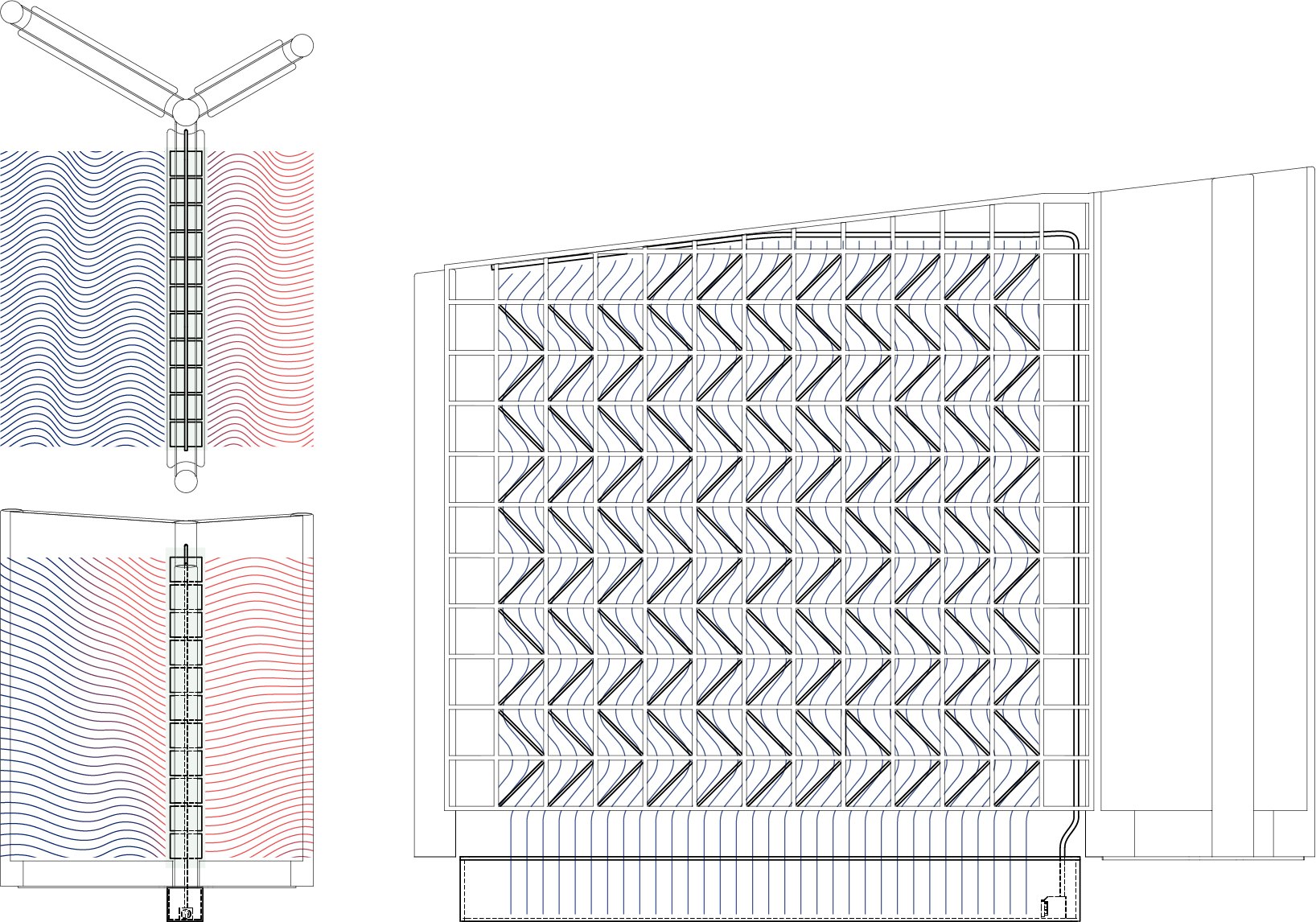 Hot dry air is converted into cool humid air via direct evaporative cooling as it passes over porous ceramic tiles fostering low impact outdoor cooled spaces.