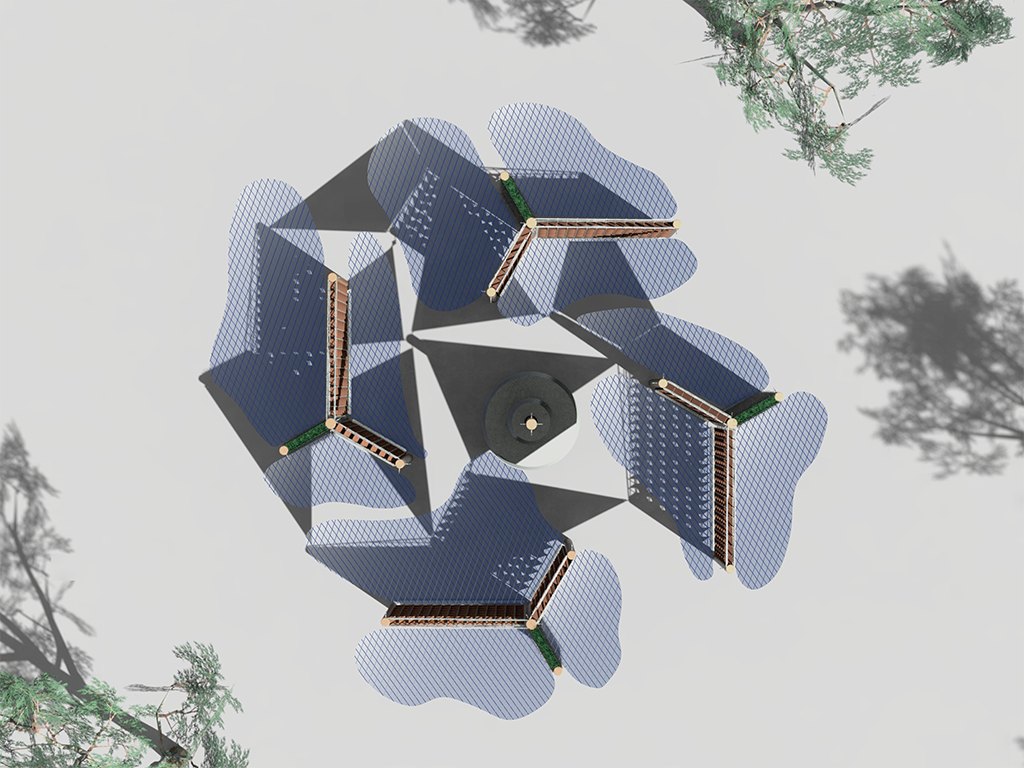 8 evaporative cooling partitions (terracotta), 4 green walls (green), and 8 shade sails (pictured in shadows) afford 12 uniquely cooled nooks (blue hatched areas).