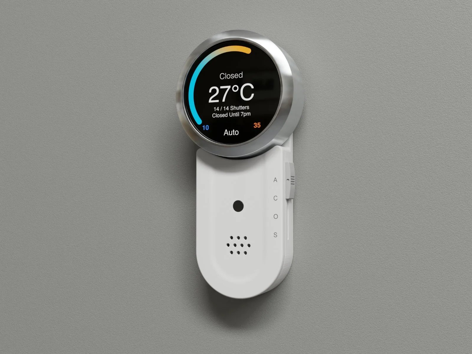 System control module: smart dial for navigating menus, quick switch for selecting system modes, and integrated sensors to provide the system with information on the current air temperature, air humidity, and light levels