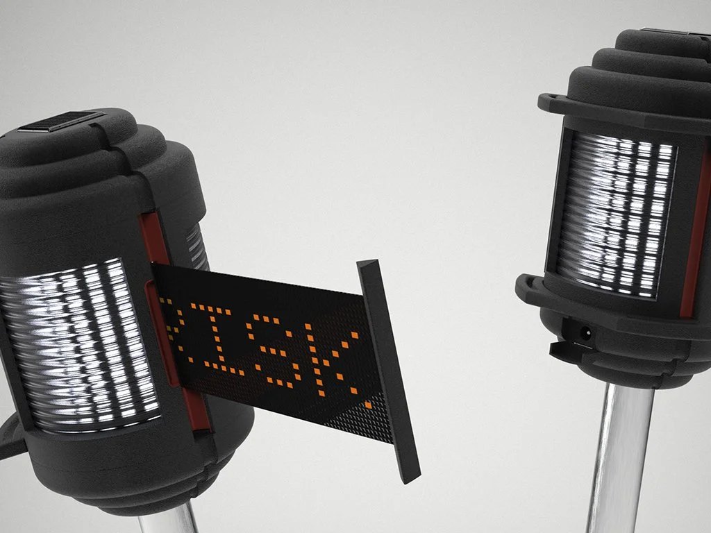 Text on flexible LED barrier can be customised to different warnings.