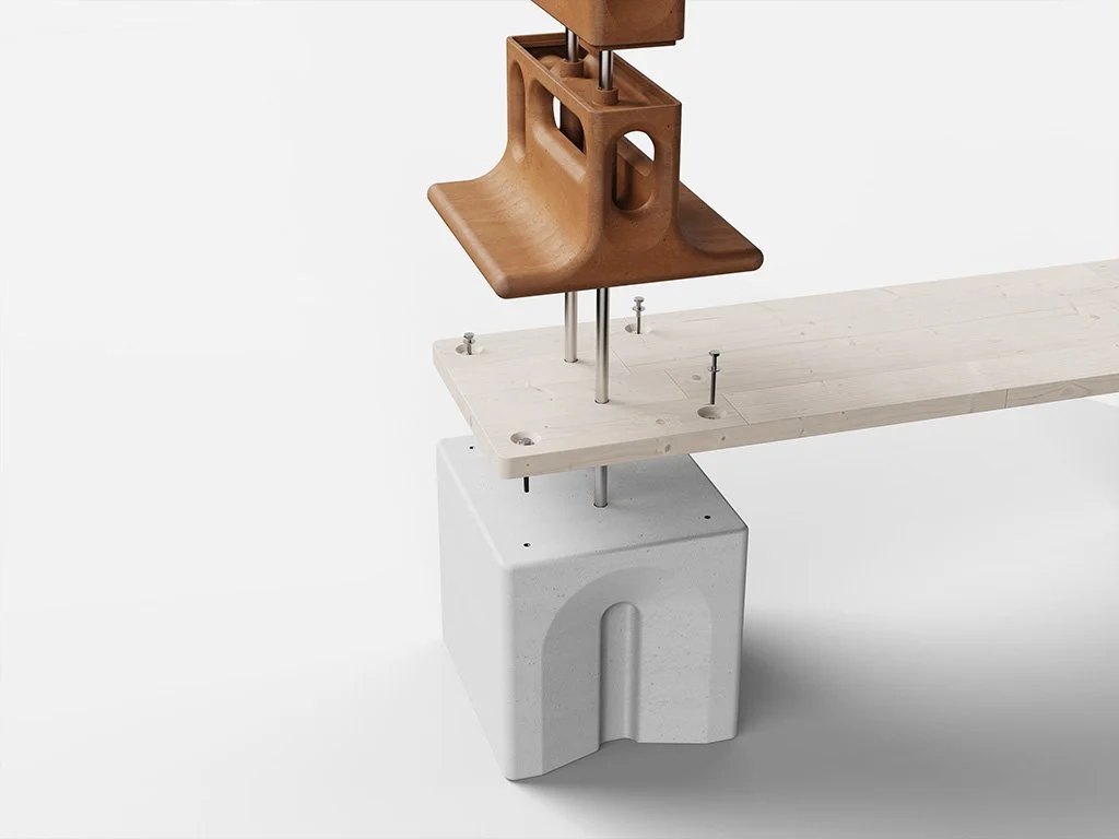 The bench system is fastened together by four bolts in each base & two central rods which run through each terracotta module.