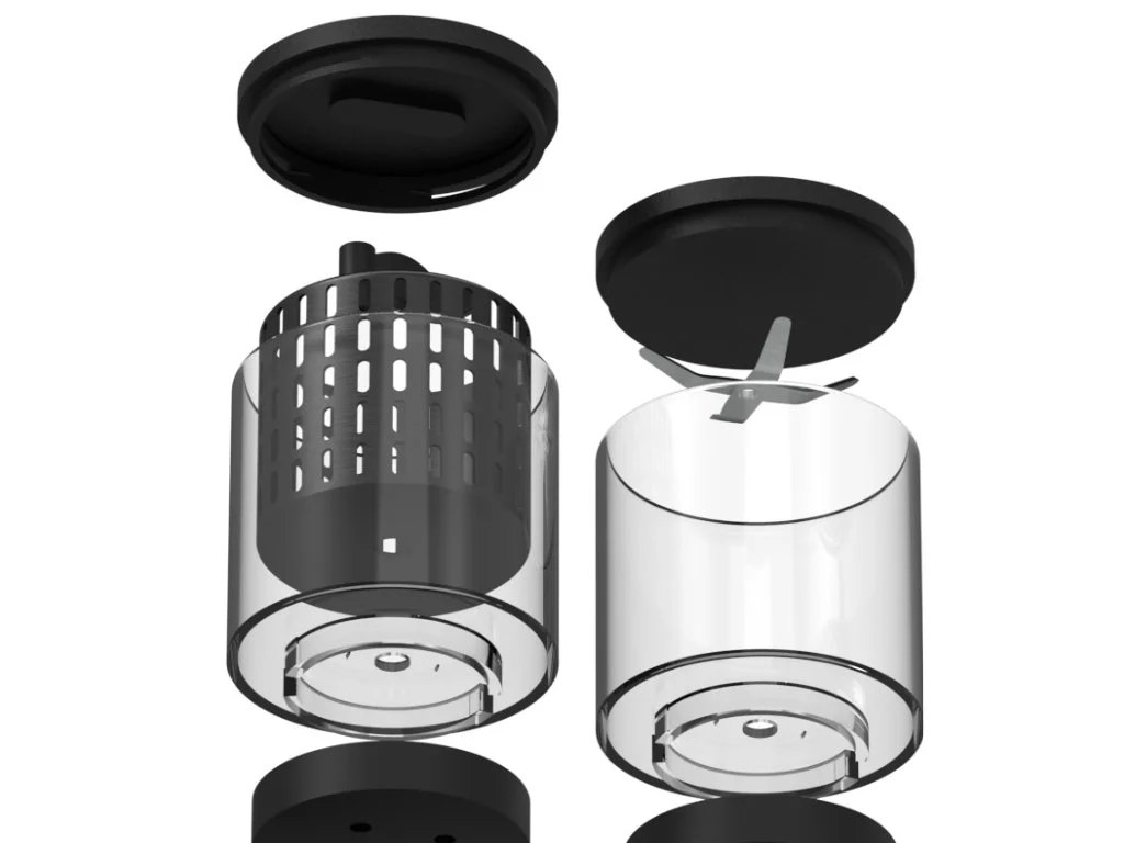 Exploded view of Gemini Mixer, focusing on manufacturing via interlocking lip and grooves (joint techniques).