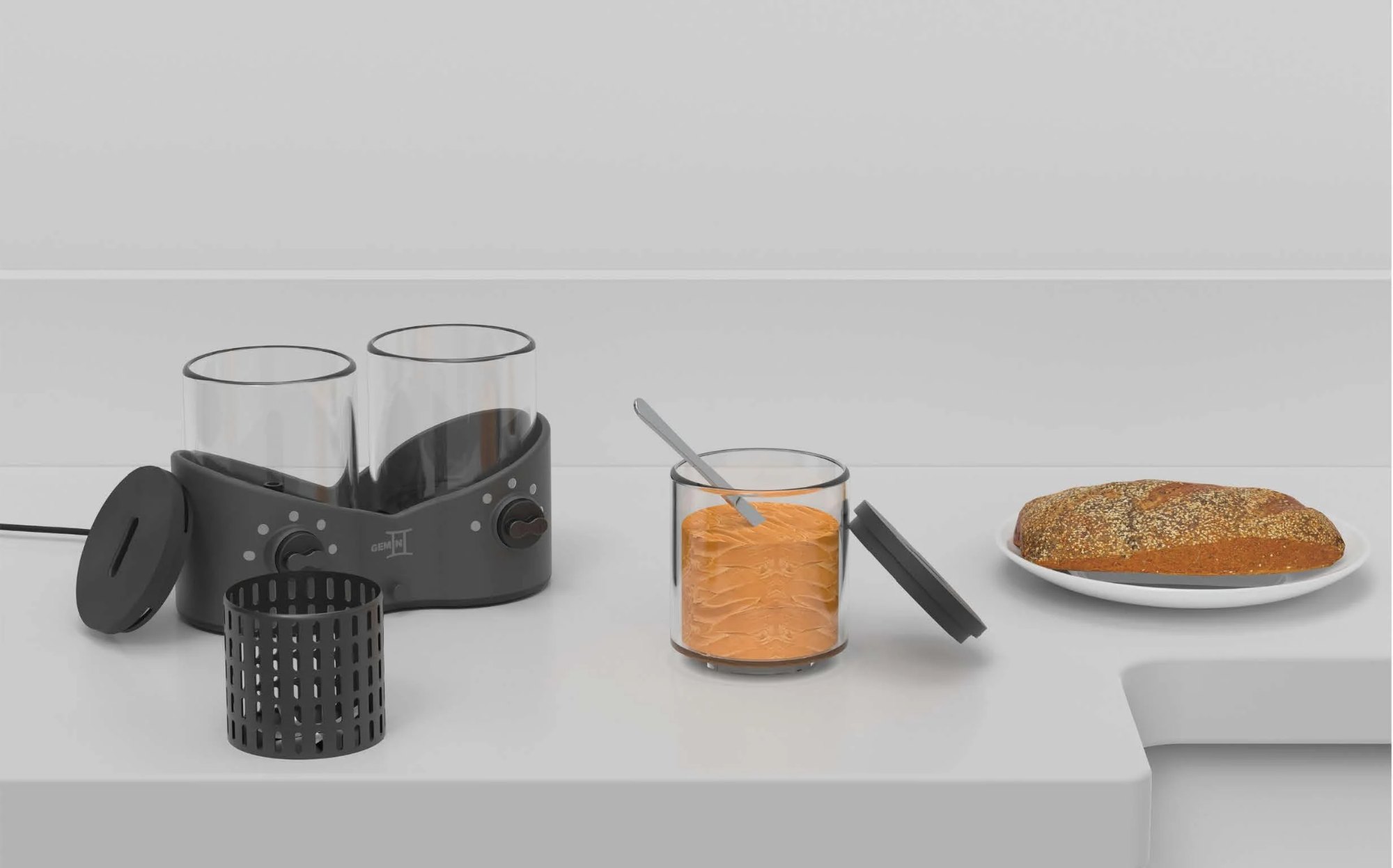 A collective hero shot in situation and context, illustrating all components and elements of the Gemini: Roast and Blend product system.