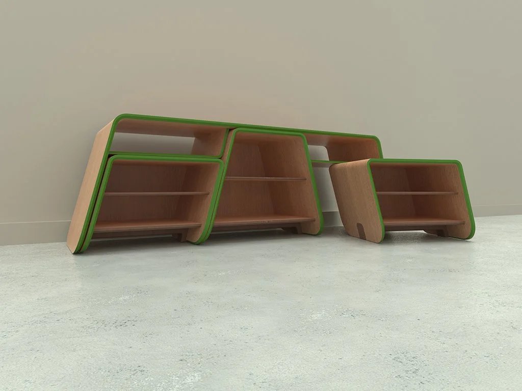 Pebble in space, a single stool pulled out.