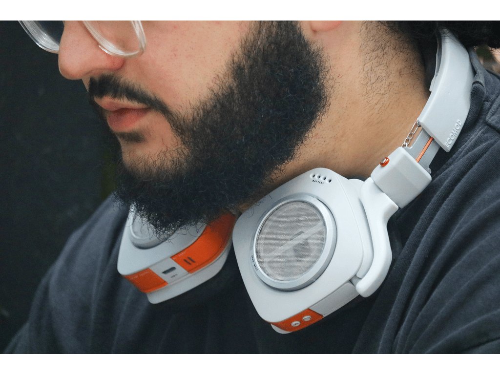 Ecomod headphones can be articulated to be around the neck of folded for portability.