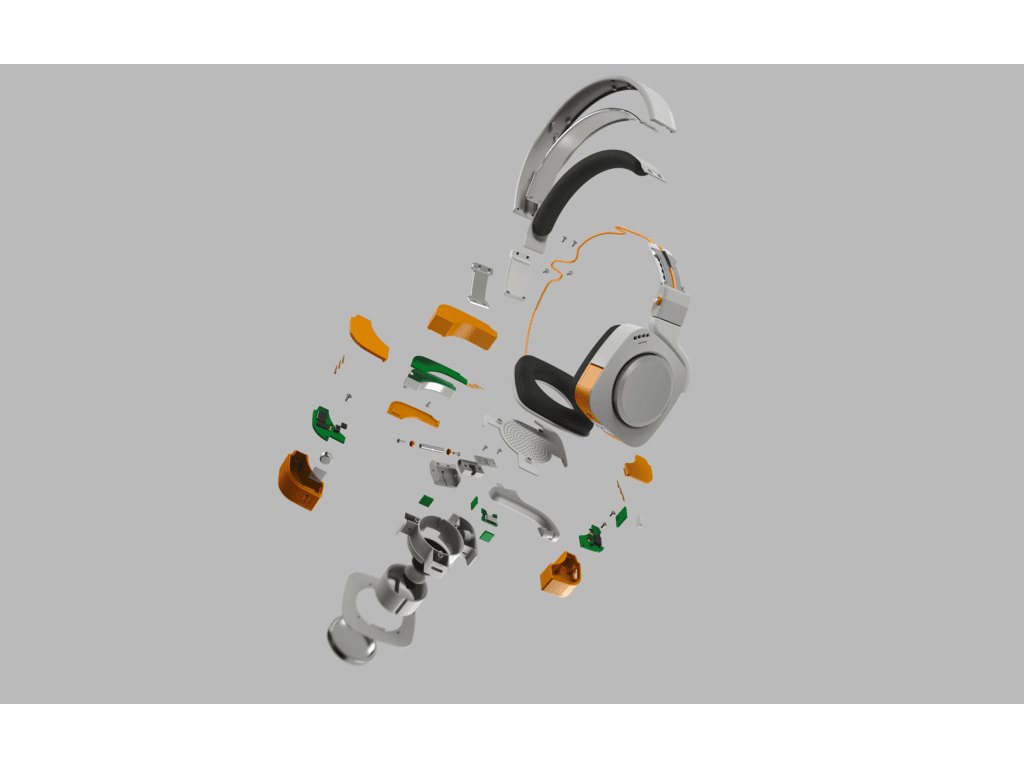 A rendering of a detailed exploded view of the Ecomod headphones.