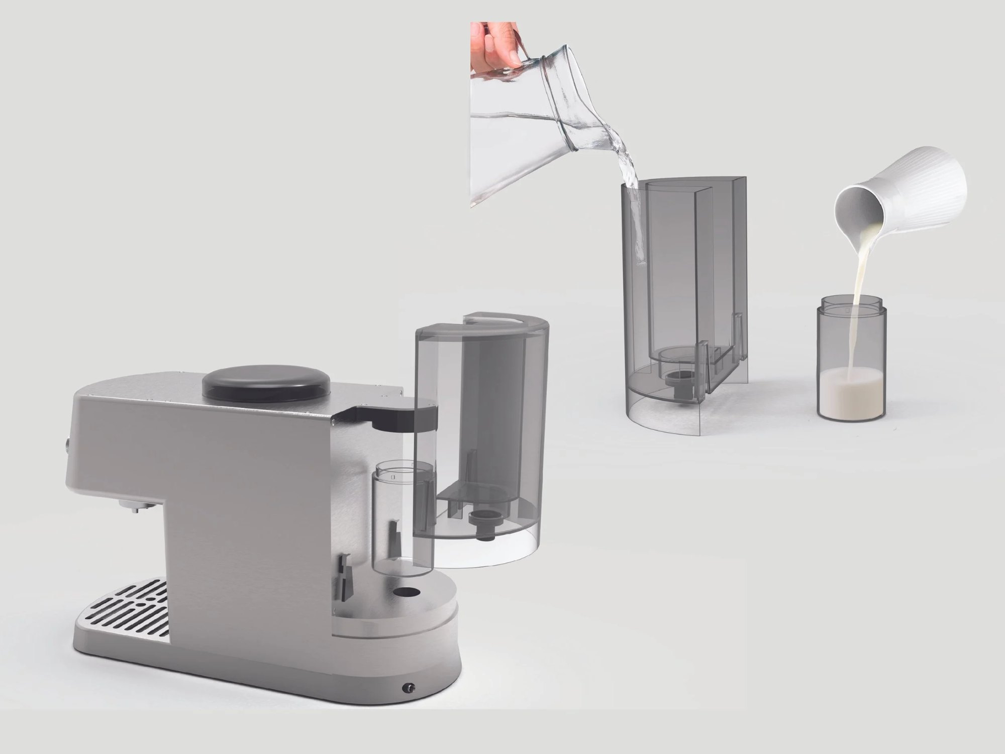 Water and milk are poured into dedicated reservoirs, where they are stored before use. The system automatically dispenses the precise amount of water for brewing, while the milk quantity can be adjusted by the user.