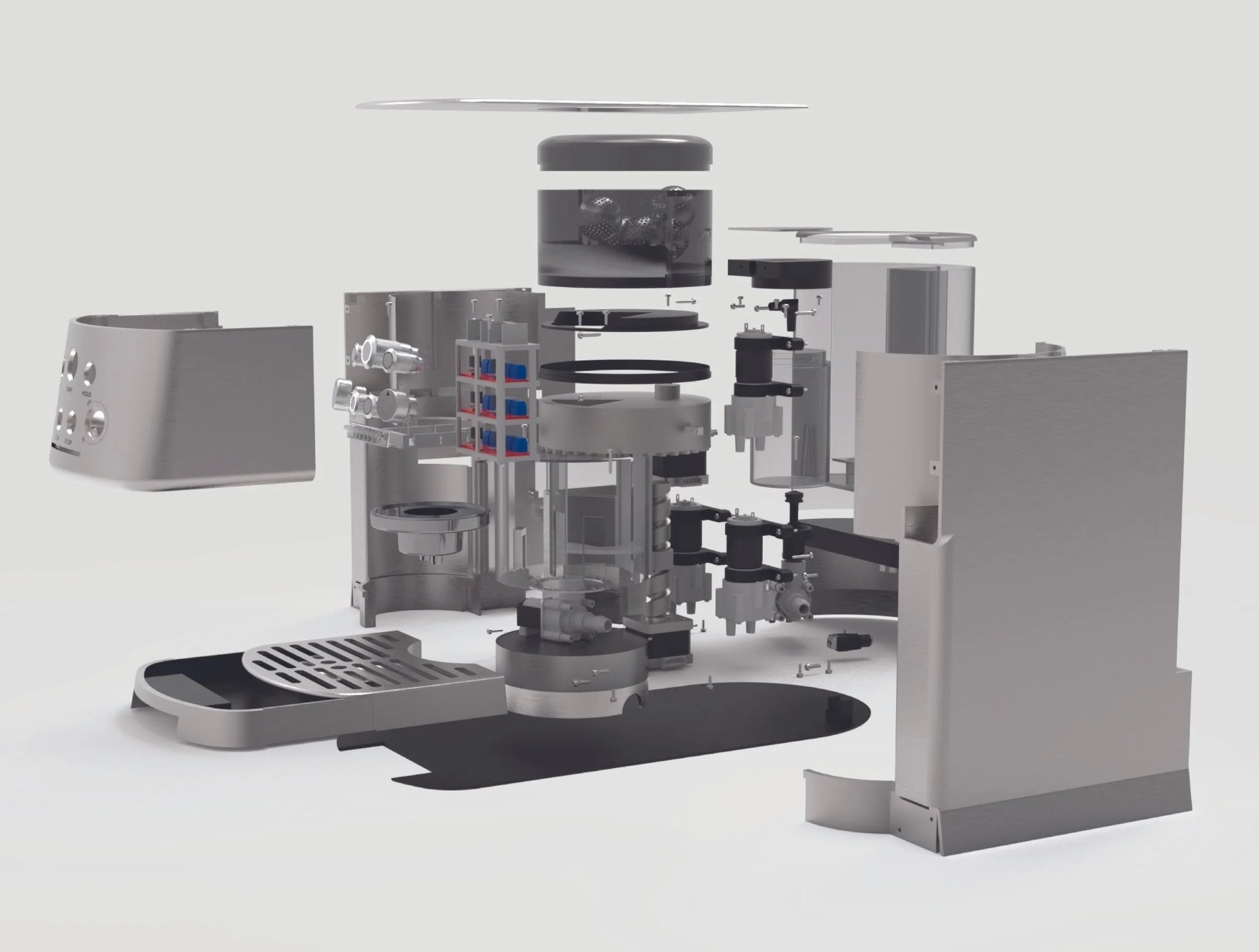This exploded view showcases the intricate assembly of over 200 meticulously designed components that make up the tea machine. The fully functional model integrates advanced mechanical systems with electronic elements, all programmed to work seamlessly together.