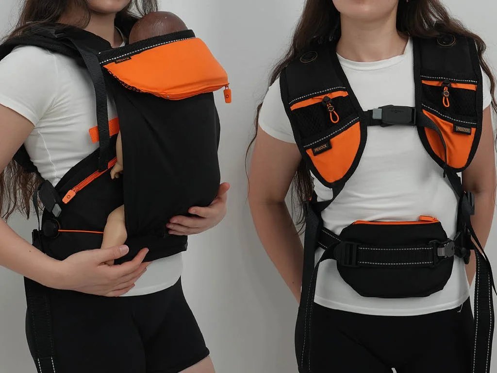 Carrier in front-inwards position (left), vest turned for hiking mode (right)