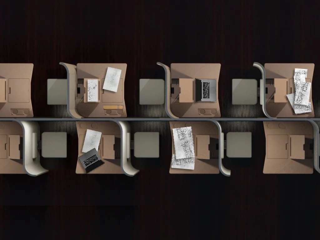 Top view of multiple Cocoon pods in use in a train carriage