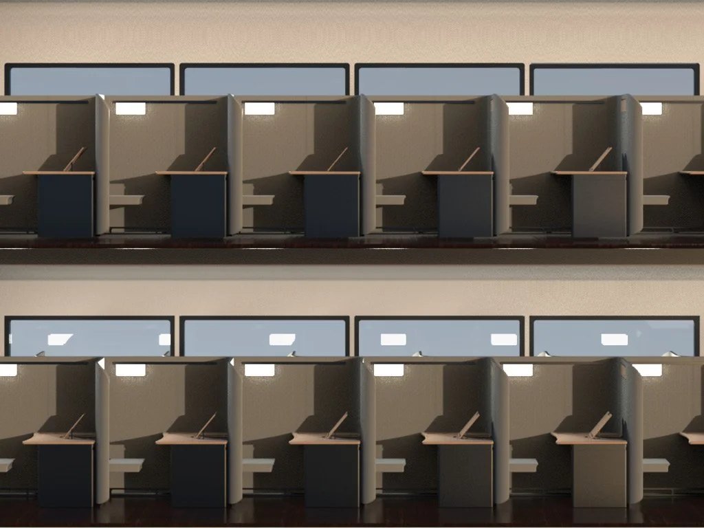 Side view of both levels of a train carriage with Cocoon pods being implemented