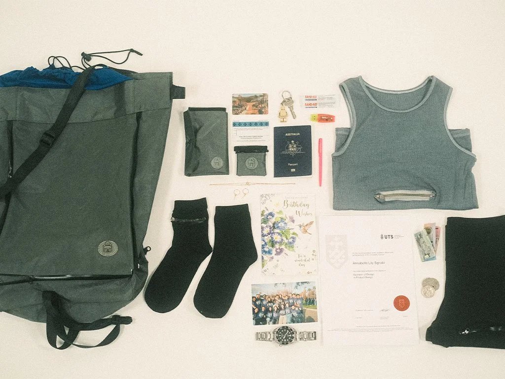 Top view spread of all of the items within the SAFE range and personal belongings designed to be kept secure.