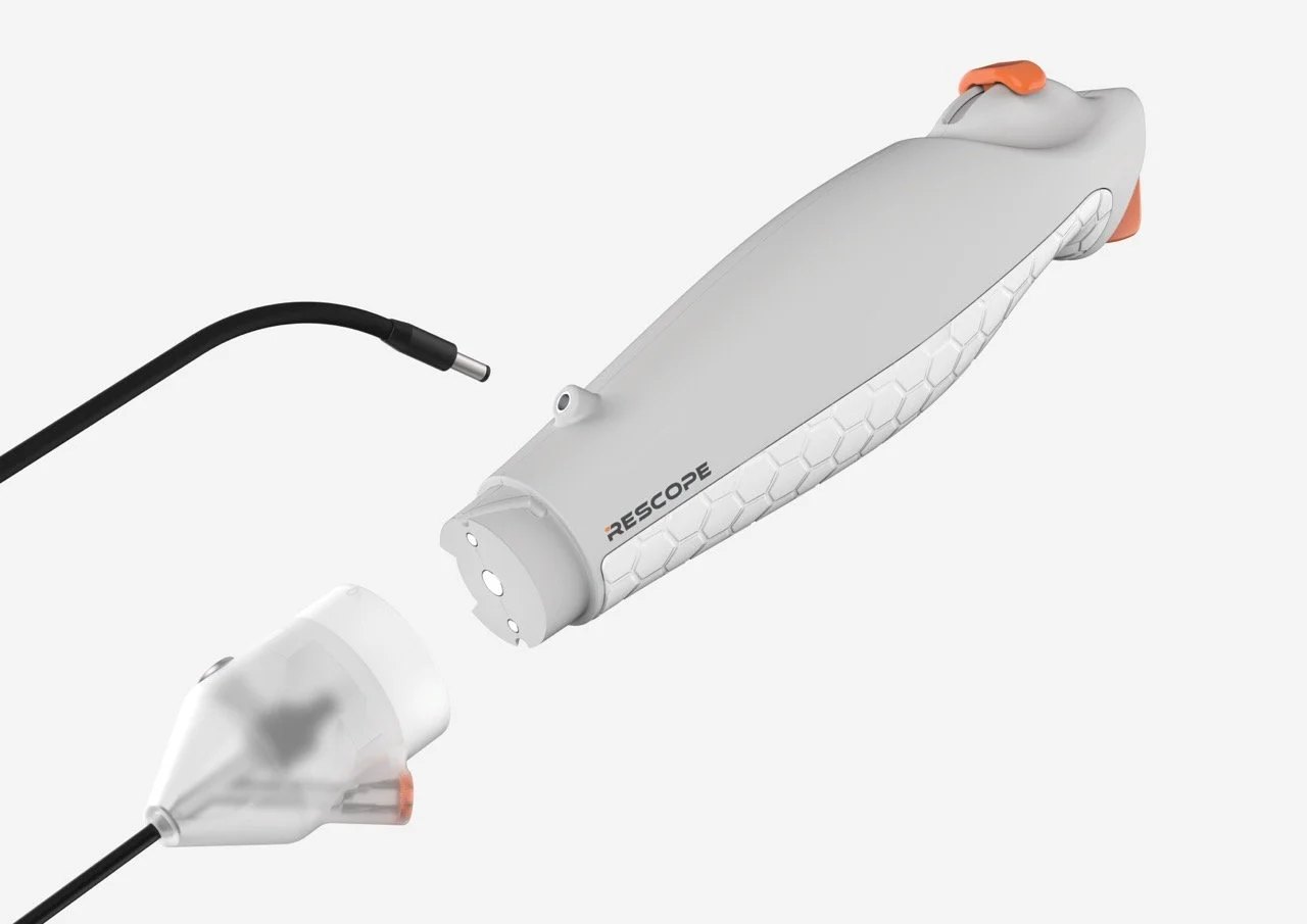 RESCOPE has 3 main components: The control handle, the replaceable insertion section, and the power cable.