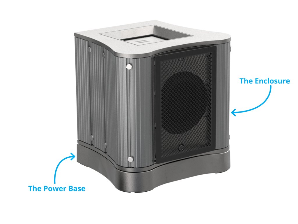 Alumax consists of two main components: The Enclosure + The Power Base