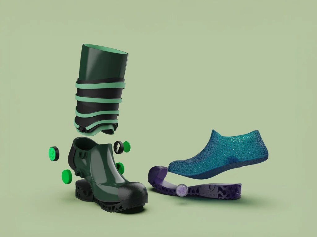Exploded view illustrating the modular component system - interchangeable uppers, soles, lock mechanisms, and sizing rings.