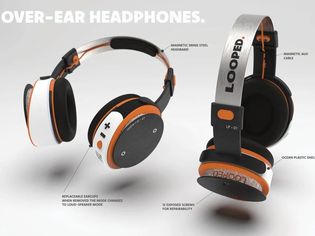 Annotated render of the over-ear headphones, detailing key components including the magnetic spring steel headband, replaceable earcups, ocean plastic shell, and exposed screws for repairability.