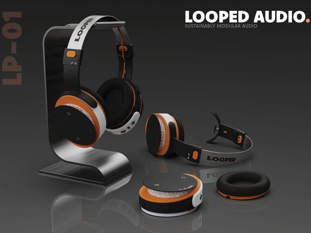 The LP-01 product ecosystem, showing the full-size headphone configuration on a stand alongside the disassembled components, demonstrates the modular system's flexibility and range.