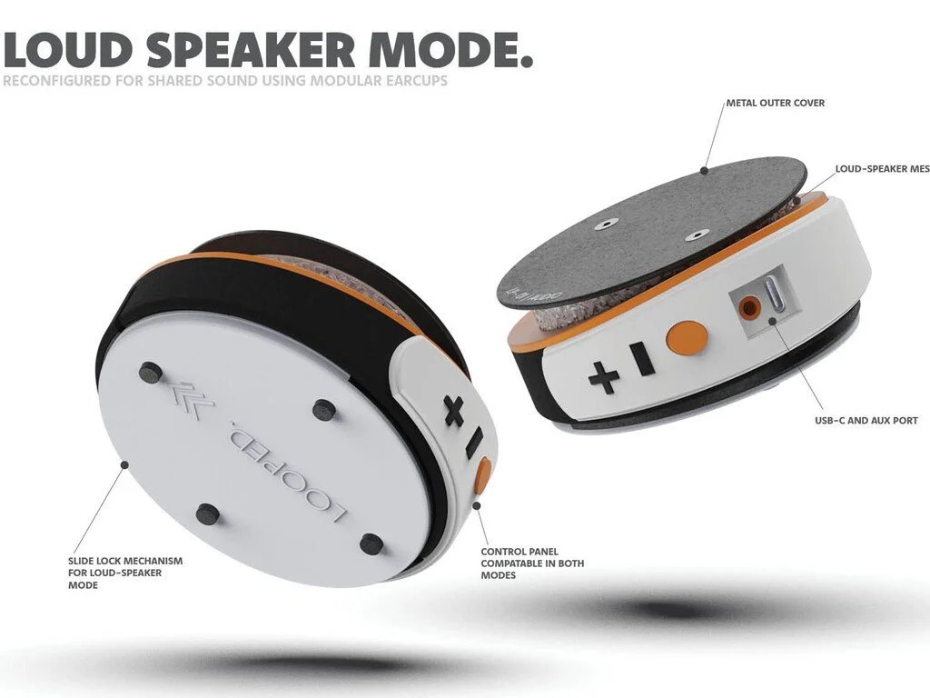 Loud speaker mode configuration, earcups removed and reconfigured for shared audio, featuring a slide lock mechanism, loud-speaker mesh, and compatible control panel with USB-C and aux connectivity.