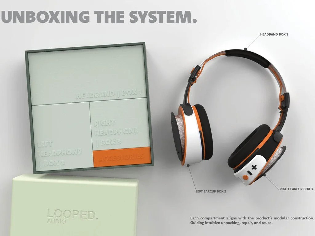 Packaging system for the LP-01, with each compartment corresponding to a modular component designed to guide intuitive unpacking, repair, and reuse.