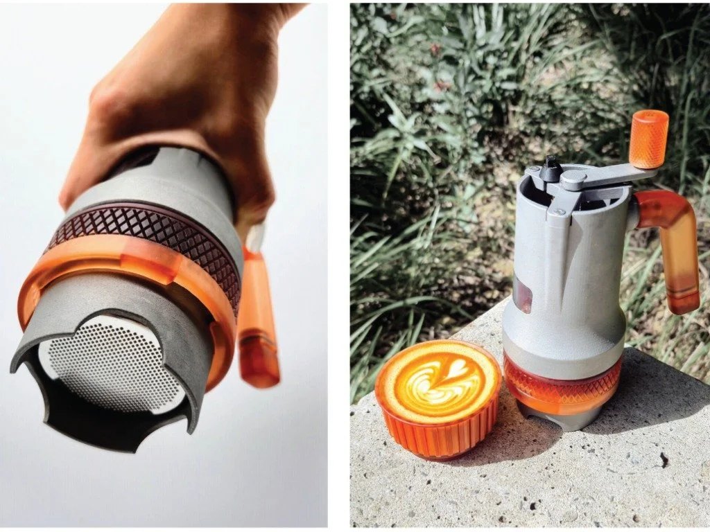 Final model: The model is SLM-printed stainless steel and SLA-printed UTR resin. The model is semi-functional and can roughly grind beans and offer low-pressure extraction. Studio shot of portafilter attached to grinder (left); outdoor context with coffee (right).