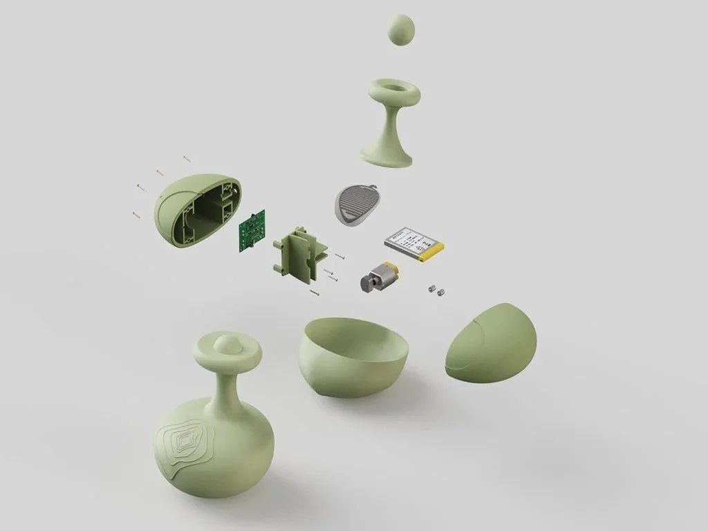 Internal components that allow a customisable experience through a pressure sensor, silicone gel base and ball and flexible stem, encased in a silicone overmould, making it 100% waterproof.